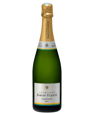 Šampano butelis Baron-Fuenté Tradition Brut su etikete, atspindinčia jo prancūzišką kilmę.